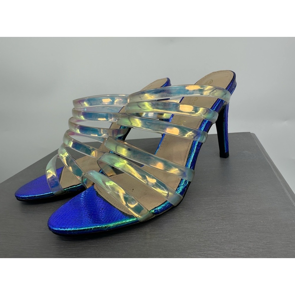 Allegra k Strappy Slide Sandals Holographic Metallic Blue Heels 6.5 Women's